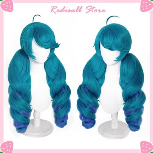 LoL Gwen Cosplay Wig Gradient Blue Green Curly Ponytails Synthetic Hair Heat Resistant Halloween Adult Women Role Play