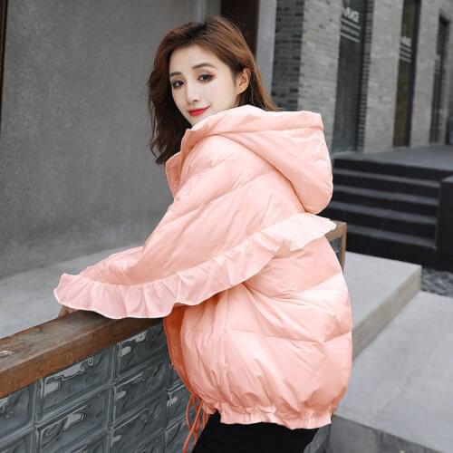 Winter New Down Jacket Female Hooded Parkas Ruffle Sleeve Fashion Loose White Duck Down Coat White Warm Loose Ladies Outerwear