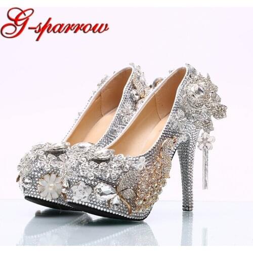 Gorgeous Silver Rhinestone Wedding Shoes Rose Flower Crystal Wedding Banquet Party Shoes Cinderella Prom Pumps Plus Size 12
