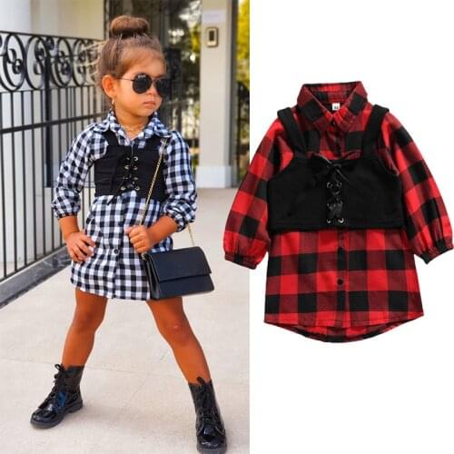 1-6Y Autumn Fashion Children Girls Casual Clothes Sets Plaid Long Sleeve Single Breasted Shirts Dress+Black Bandage Vest Outfits