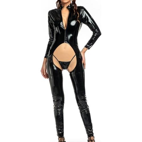 4XL Sexy Women Faux Leather Jumpsuit Thongs Sets Lingerie Exotic Open Butt Open Crotch Latex Teddies Bodysuit Party Clubwear