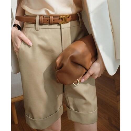 Shorts Womens Summer Knee Length Button Draped High Waist Solid Wide Leg Office Lady Chic Casual Fashion Minimalist 2021 Y477