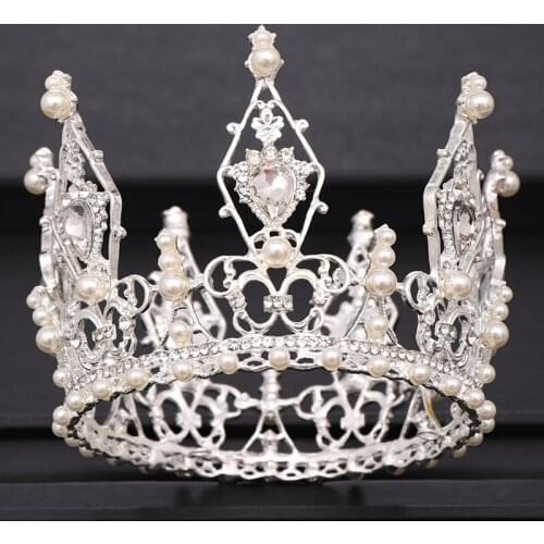Silver color Round Crown Bride Princess tiara Crystal Rhinestone Pearl Diadem Headpiece Hair Accessories Wedding Hair Jewelry