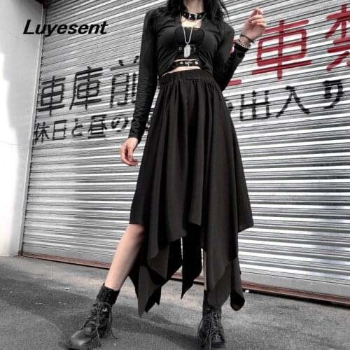 Black Gothic Lady Street Harajuku Irregular Skirt Summer Dark Goth Women Elastic Waist Pleated Long Skirts Korean Fashion Cloth