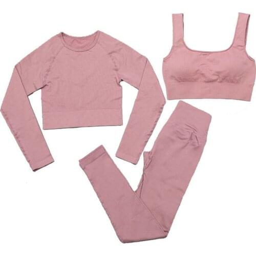 2020 Women Sport Clothing 3pcs Seamless Set Yoga Wear Sport Suit Yoga Set Fitness Clothing Yoga Long Gym Crop Top Shirt Push Up