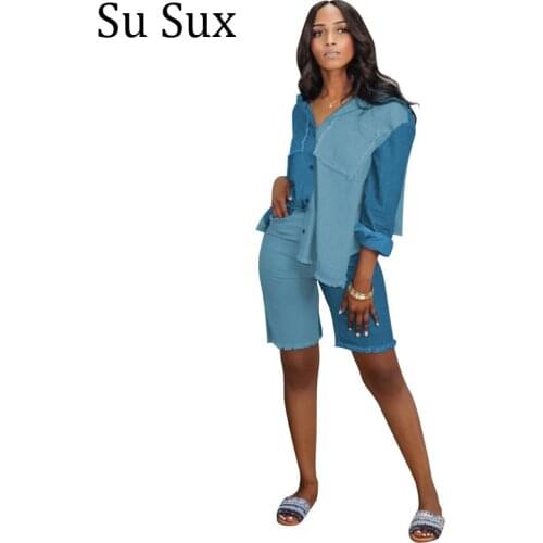 Denim Short Pants Suits Tracksuit Women Vintage Patchwork Jeans 2 Piece Set Outfits Trun Down Collar Long Sleeve Sets 2021 Sprin