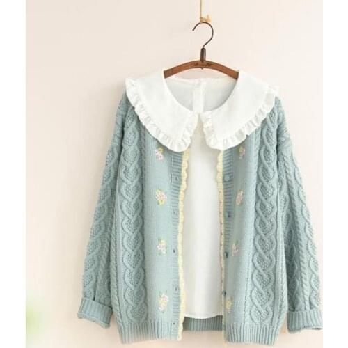 Mori Girl Sweet Floral Thick Warm Sweater 2021 Spring Autumn Women Knitted Cardigans Girls Twist Crochet Knitted Sweater Coat