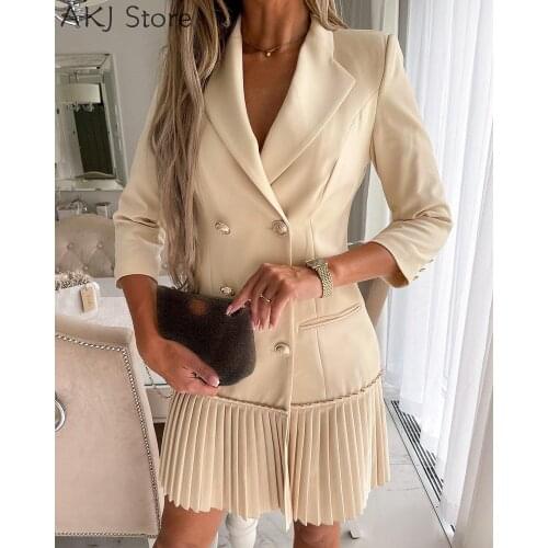 Women Solid Elegant Double Breasted Pleated Blazer Dress