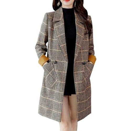 2020 Autumn Winter Wool Women Plaid Pockets Blends Office Work Long Coats Fashion Lady Slim Lapel Long Sleeve Woolen Coats
