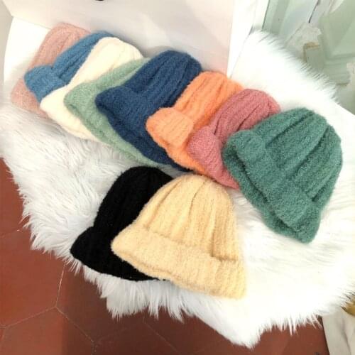 Woolen Macaron Street Knitting Beanie Hat For Women Downy thread beanies Hats Elastic Warm Skullies Cap