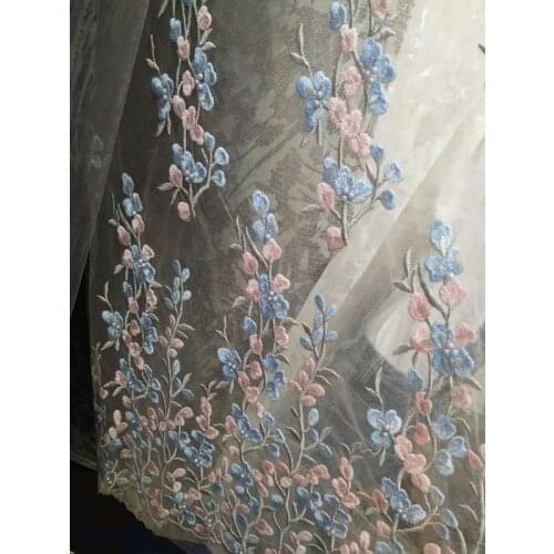 5 yards beaded heavy embroidered lace fabric, heavy embroidered lace fabric, florals lace fabric in pink and blue