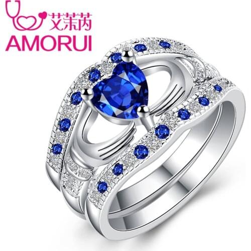 AMORUI Bridal Love Heart Promise 3 Piece Set Wedding Rings for Women Blue CZ Birthday Stone Engagement Ring Party Gift Dropship