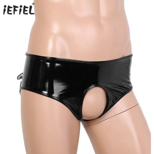 IEFiEL Mens Lingerie Crotchless Latex Panties Underwear Wet Look Patent Leather Sissy Panties Open Crotch Briefs Night Costumes