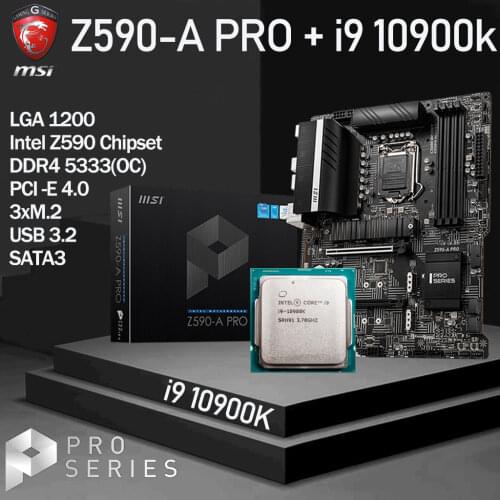 LGA 1200 MSI Z590-A PRO Motherboard Combo + Intel Core i9 10900K DDR4 128GB M.2 PCI-E 4.0 Chia Z590 Placa-mãe Set Desktop Z590