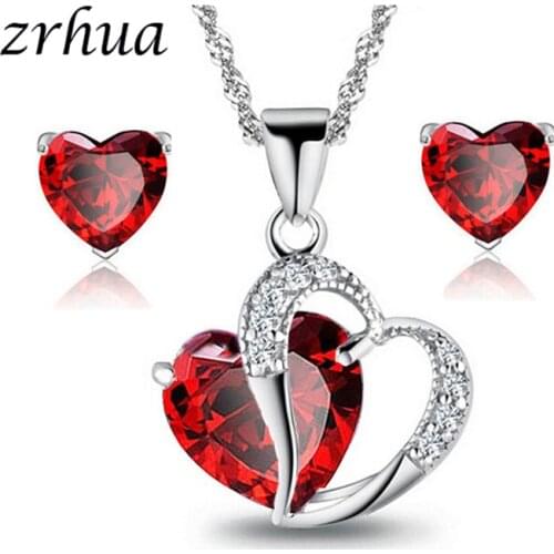 Red/Purple/White Crystal African Jewelry Sets 925 Silver Heart Rhinestone Bridal Necklace Earrings for Women Christmas Gift