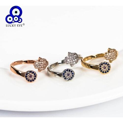 Lucky Eye Hamsa Hand Rings Evil Eye Open Copper Micro Pave CZ Ring For Women Jewelry Adjustable Ring EY5177