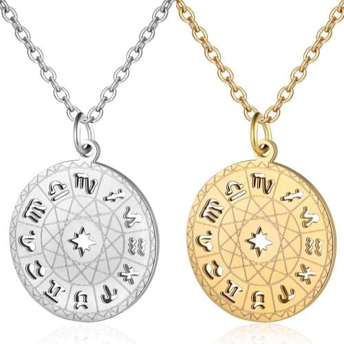 Small Round 12 Constellations Pendant & Chain For Women Girl Gold Color Stainless Steel Zodiac Sign Necklace Fashion Jewelry