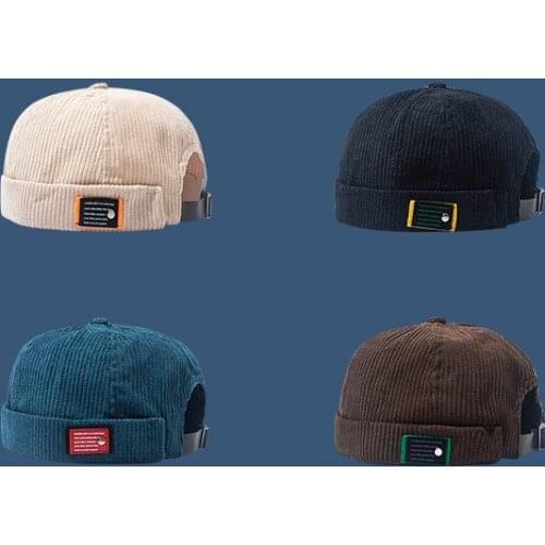Fashion Men Docker Cap Skullcap Retro Labeled Corduroy Sailor Cap Beanie Hats Men Women Brimless Hat Skullcap Bonnet Dad Caps