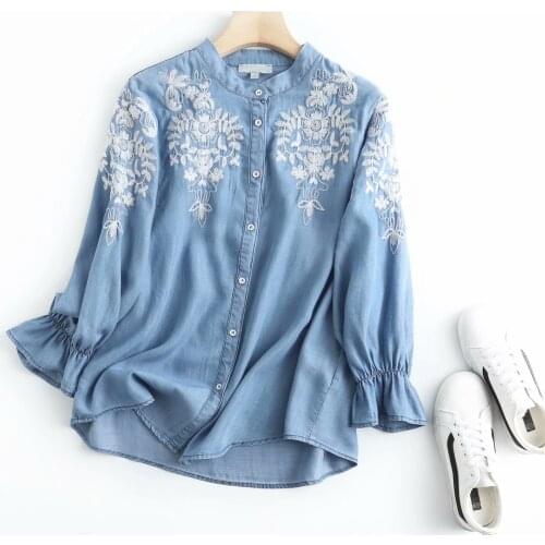 Women embroidery denim shirt o neck streetwear spring soft jeans shirt long sleeves light blue casual loose cotton shirt tops