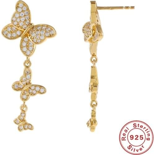 Aide 925 Sterling Silver Gold Three Butterfly Pendants Drop Earrings White Crystal Zircon CZ Dangle Earrings Piercing Pendiente