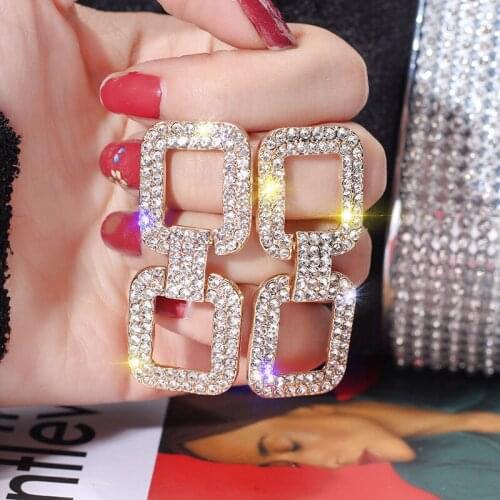 USTAR Crystals Square Drop Earrings for women Geometric statement Dangle Earrings female wedding Jewelry hanging Oorbellen