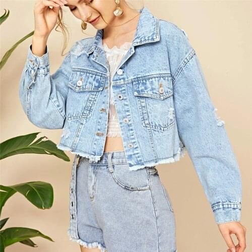 Light Blue Holes Burrs Cropped Denim Jacket Women Autumn Winter Jeans Jackets Coat Casual Loose Denims Coat Veste En Jean Femme