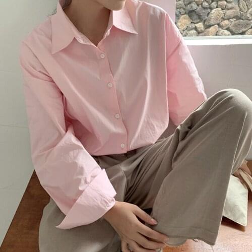 Casual Loose Women Long Sleeve Blouse 2021 Autumn New Single-breasted Turn-down Collar Shirts Tops Pink Purple Female blusas