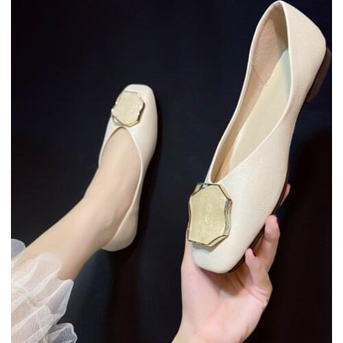Flat shoes womens autumn 2020 Korean version of the wild square toe shallow soft leather single shoes womens pedal scoop shoes