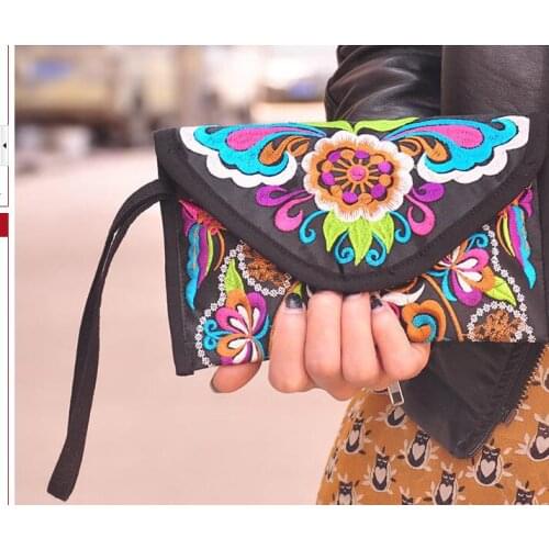 10pcs/lot woman Embroidered Wallet Purse Handmade Ethnic Flowers Embroidery Women Long Wallet Day Clutch HandBag