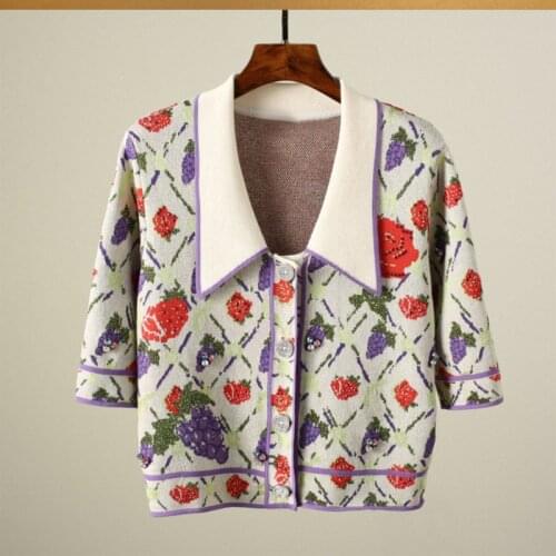 High Quality 2021 New Summer Vintage Grape Jacquard Knitted Cardigan Mujer Women Crop Top Femme Short Sleeve Sweater Pull Femme