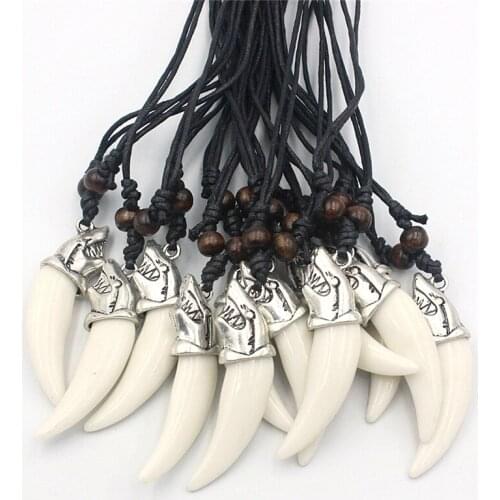 Lots 12pcs Cool Men Womens Alloy Shark Teeth Pendants Necklaces Acrylic Tooth Charms Beads Sweater Chain Rope XL111