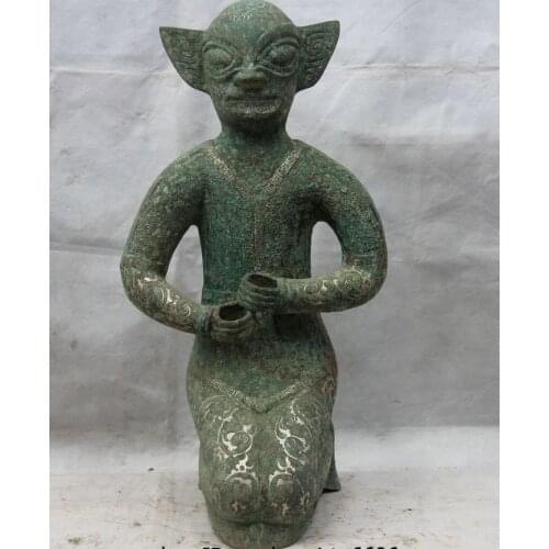 19 China Dynasty Old Bronze Silver-Gilt Qin Shi Huang Yong people servant Statue