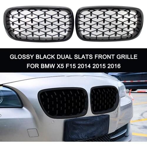2PCS Glossy Black Dual Slats Front Kidney Grille Grill Left & Right for BMW X5 F15 2014 2015 2016 car styling