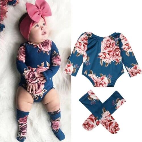 2019 Cute Newborn Baby Girl Flower Romper long sleeve blue Jumpsuit+Leg Warmers 3Pcs winter warm Outfit Clothes