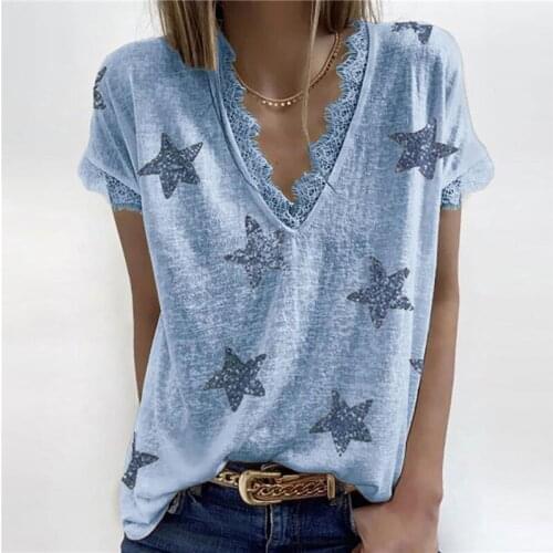2021 Women Summer Short Sleeve Tees V-neck Star Print Lace T-Shirt Ladies Casual Loose Basic Top Female Clothing