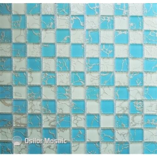 Free shipping square pattern white and blue glass and crystal mosaic tile for home decoration wall tile