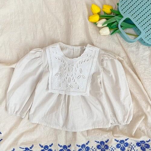 Baby Girls Blouse Beige Lace Collar Casual Loose Comfortable Long Sleeve Kids Tops Cute Lovely Korean Children Clothes Outfit