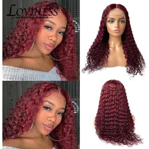 Burgundy 99j Lace Front Human Hair Wig Deep Wave 13x6x1 T Part Lace Frontal Wig Curly Brazilian Human Hair Lace Wig For Women