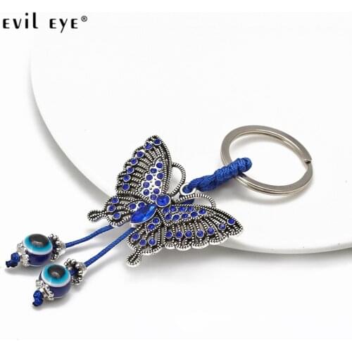 EVIL EYE Butterfly Blue Turkish Evil Eye Beads Pendant Keychain Alloy Silver Color Key Chain Fashion Jewelry for Women Men BE268