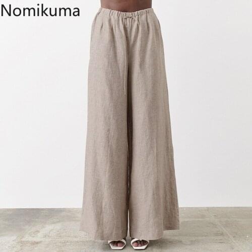 Nomikuma 2021 Spring Summer Cotton Linen Women Pants Lace Up High Waist Long Trousers Causal Thin Wide Leg Pants Mujer 6F767