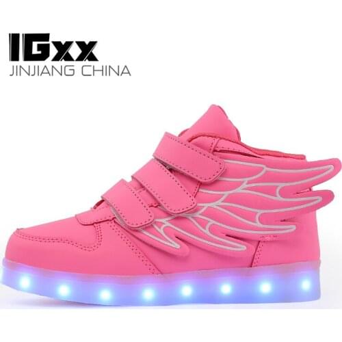 IGxx High Top LED Light Up Shoes For Kids Angel Wings USB Charging Glowing Shoes LED Child Luminous LED Sneakers Boys