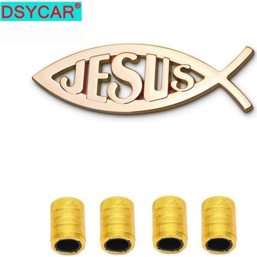 Dsycar 3D Metal Jesus Car Badge Emblem Sticker +4Pcs Knurled Style With Plastic Core Valve Caps for Universal Car