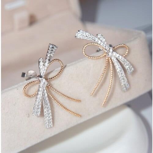 Two-color Gold Bow Earrings for Exquisite Ladies Noble and Elegant Earrings Two-color AAA Zircon Earrings New Fashion Jewelry