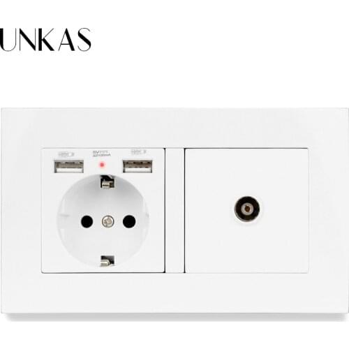 UNKAS EU Standard Power Socket Grounded With Female TV Jack 2100mA Dual USB For Mobile PC Panel Electrical Outlet