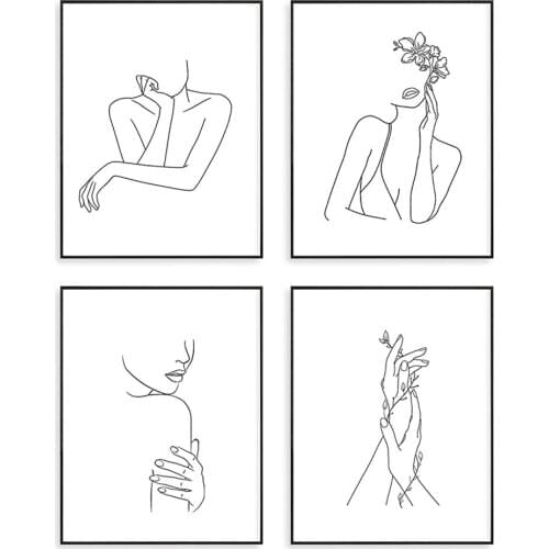 Minimalist wall decoration canvas printing painting black and white sample lines abstract figure poster women posture art