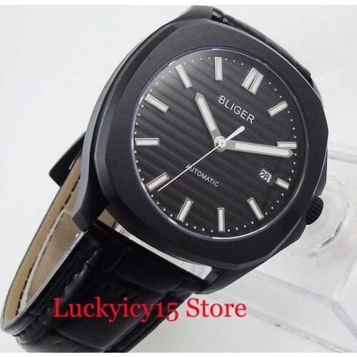 BLIGER Black Automatic Mens Watch Dress Hot 39mm Wristwatch Date Indicator Leather Strap