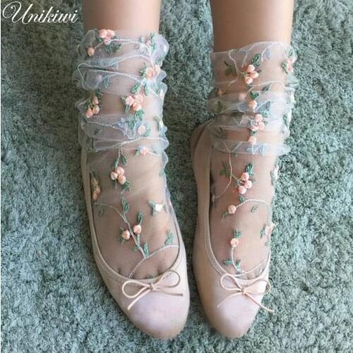 2 Colors.Womens Candy Colors Embroidery Flowers Socks.Lolita Ladies Girls Transparent Lace Mesh Floral Socks Hosiery Gauze Sox