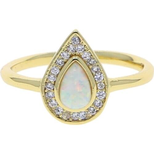 Gold color new fashion water Tear Drop Opal band finger ring with clear Shiny CZ paved for women lady charm engagement jewelry