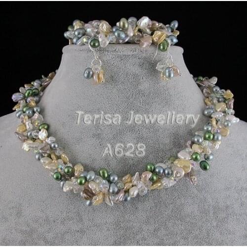 New Free Shipping Length 19''Grade AA Crystal 8-9MM Mix Color Natural Fresh Water Pearl Necklace 4Rows Set Jewellery