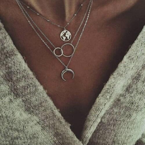Tocona Boho Silver Color Circle Map Horns Pendant Necklace for Women Long Charms Layering Necklaces Party Jewelry Collars 6941